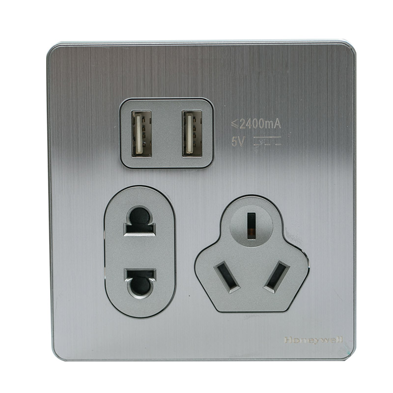 霍尼韦尔(HONEYWELL)HUS1023USB 优雅系列开关<em style='color:red'>插座</em> 拉丝<em style='color:red'>银</em>10A<em style='color:red'>五孔</em>插带USB图片