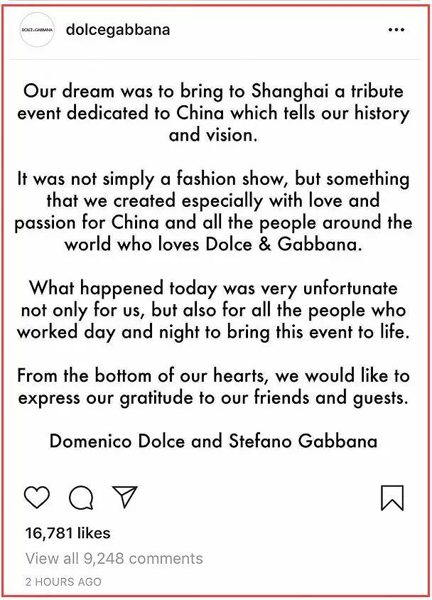 Dolce & Gabbana发表最新回应